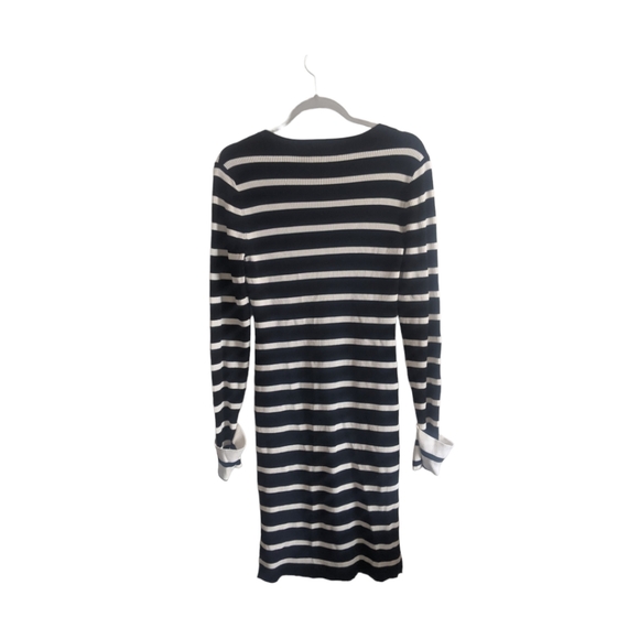 THEORY Black & White Striped Crewneck Sheath Knit Dress. - Picture 2 of 5